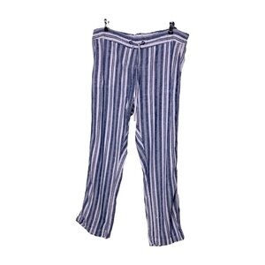 Per Se | Blue Striped Linen Blend Pull On Pants, Large
